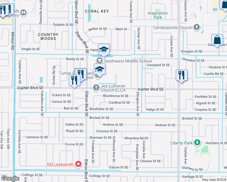 map of restaurants, bars, coffee shops, grocery stores, and more near 3230 Jupiter Boulevard Southeast in Palm Bay