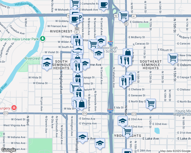 map of restaurants, bars, coffee shops, grocery stores, and more near 1632 East Cayuga Street in Tampa