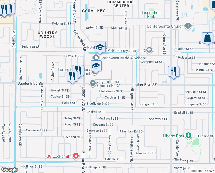 map of restaurants, bars, coffee shops, grocery stores, and more near 3230 Jupiter Boulevard Southeast in Palm Bay