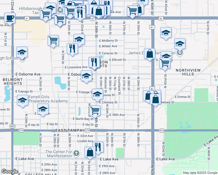 map of restaurants, bars, coffee shops, grocery stores, and more near 4602 North 36th Street in Tampa