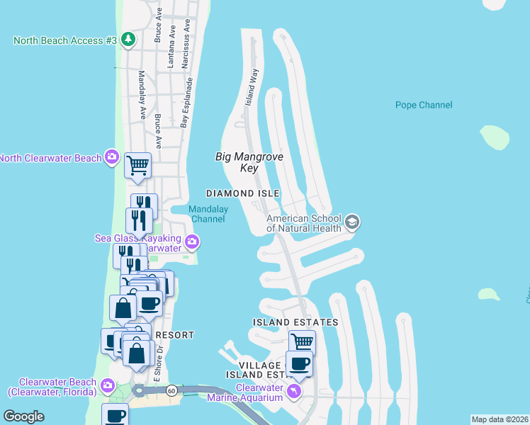 map of restaurants, bars, coffee shops, grocery stores, and more near 631 Island Way in Clearwater
