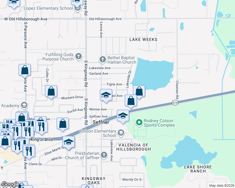 map of restaurants, bars, coffee shops, grocery stores, and more near 502 Tweed Avenue in Seffner