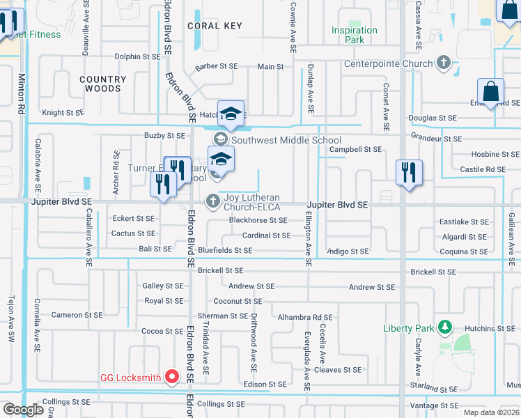 map of restaurants, bars, coffee shops, grocery stores, and more near 3230 Jupiter Boulevard Southeast in Palm Bay