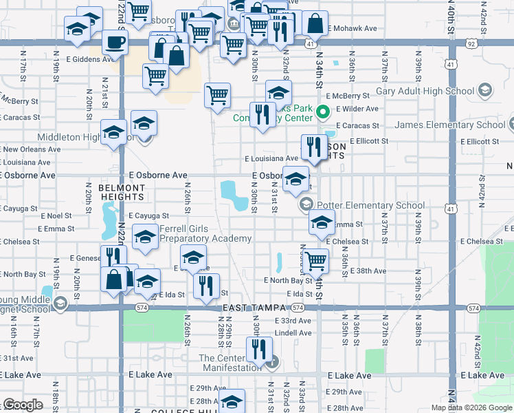 map of restaurants, bars, coffee shops, grocery stores, and more near 4601 North 30th Street in Tampa