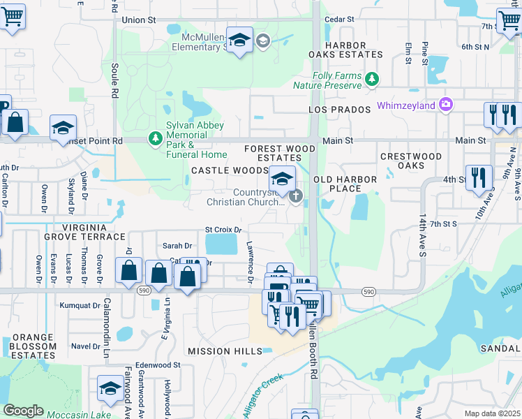 map of restaurants, bars, coffee shops, grocery stores, and more near 1807 Oak Forest Drive South in Clearwater