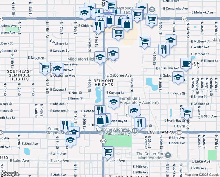 map of restaurants, bars, coffee shops, grocery stores, and more near 2263 East Osborne Avenue in Tampa