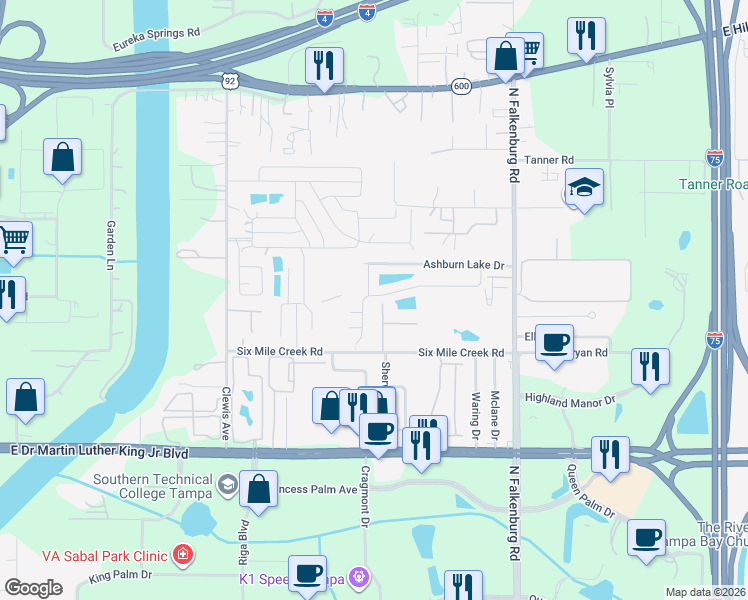 map of restaurants, bars, coffee shops, grocery stores, and more near 4505 Ashburn Square Drive in Tampa