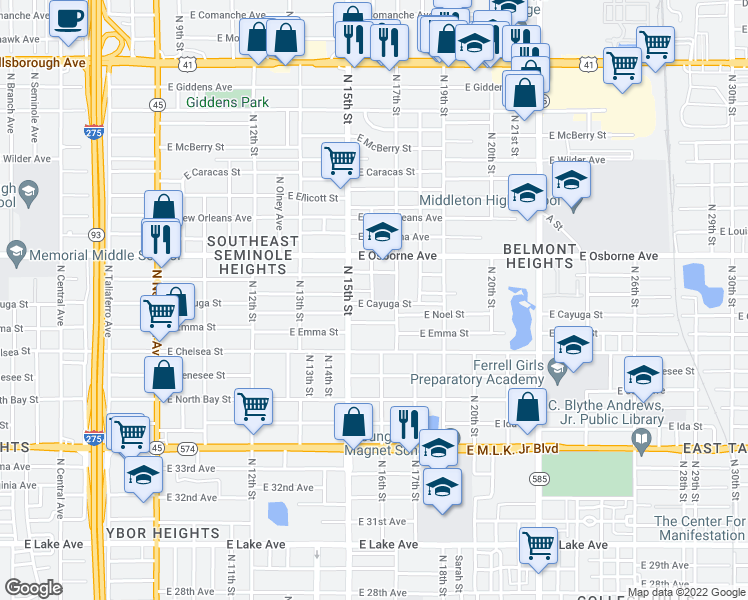 map of restaurants, bars, coffee shops, grocery stores, and more near 1600 East Cayuga Street in Tampa