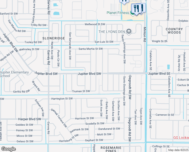 map of restaurants, bars, coffee shops, grocery stores, and more near 2498 Jupiter Boulevard Southwest in Palm Bay