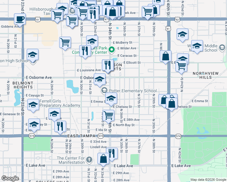 map of restaurants, bars, coffee shops, grocery stores, and more near 4604 North 35th Street in Tampa