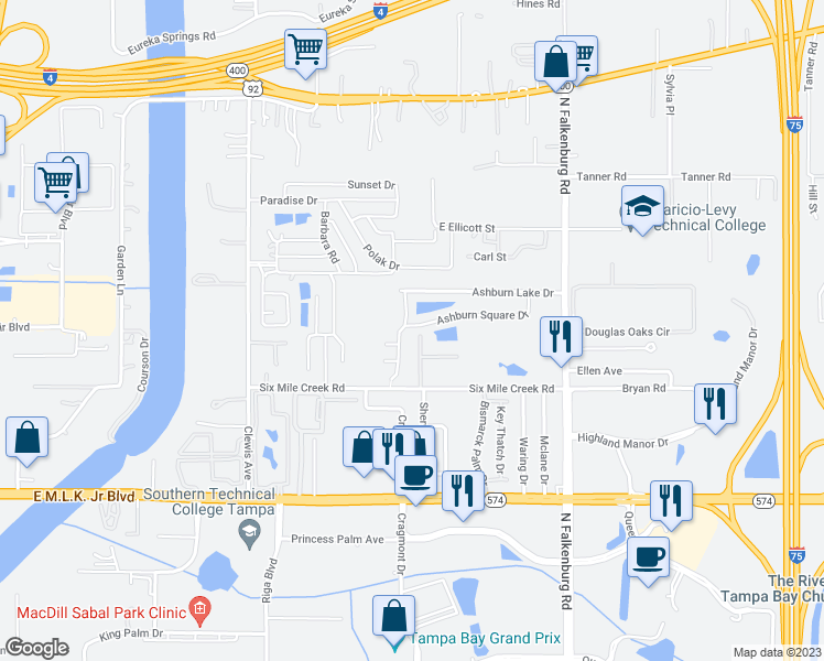 map of restaurants, bars, coffee shops, grocery stores, and more near 4507 Ashburn Square Drive in Tampa