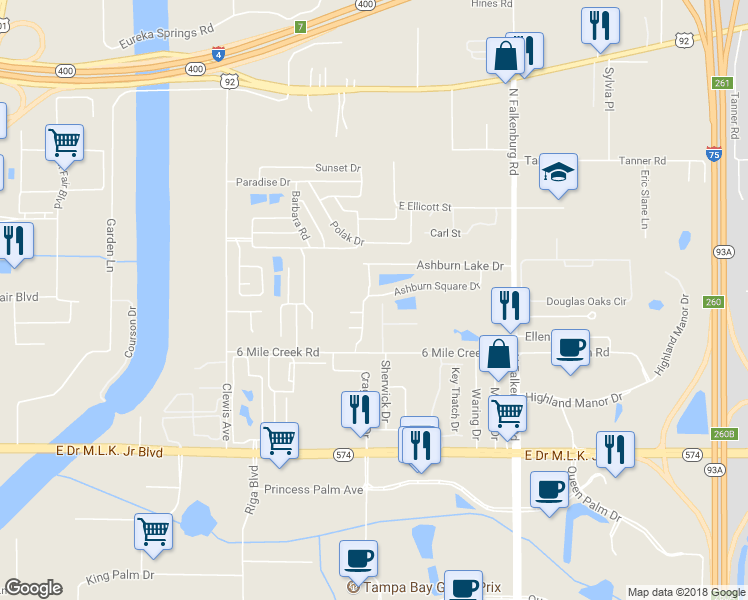 map of restaurants, bars, coffee shops, grocery stores, and more near 4511 Ashburn Square Drive in Tampa