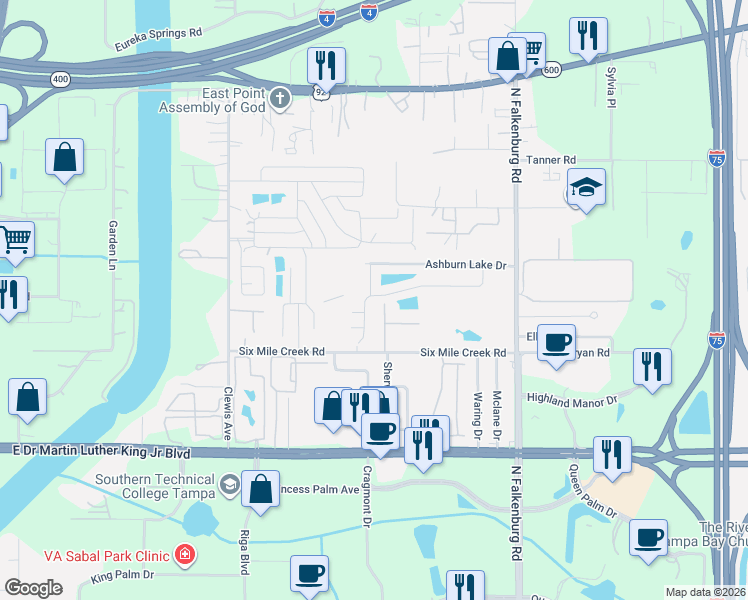 map of restaurants, bars, coffee shops, grocery stores, and more near 4511 Ashburn Square Drive in Tampa