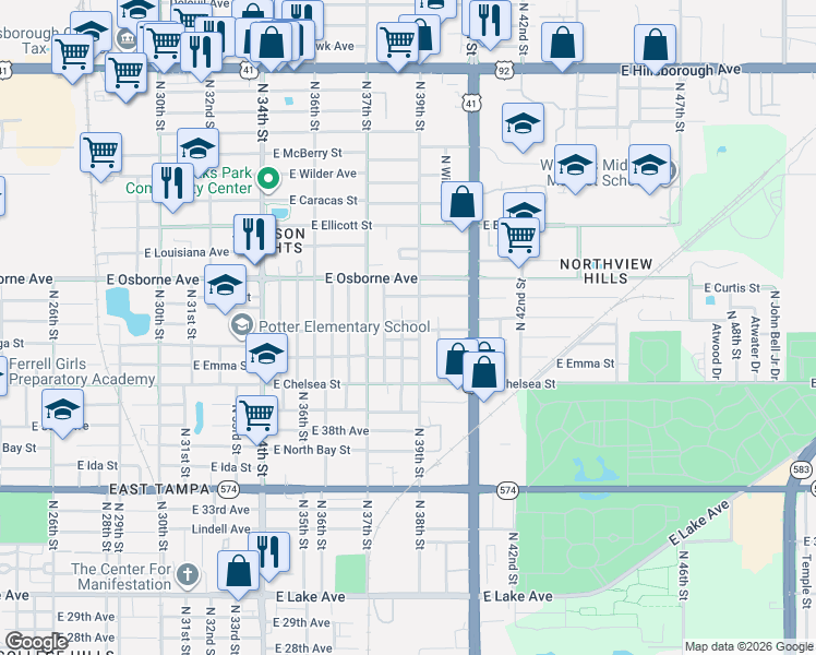 map of restaurants, bars, coffee shops, grocery stores, and more near 4601 North 39th Street in Tampa