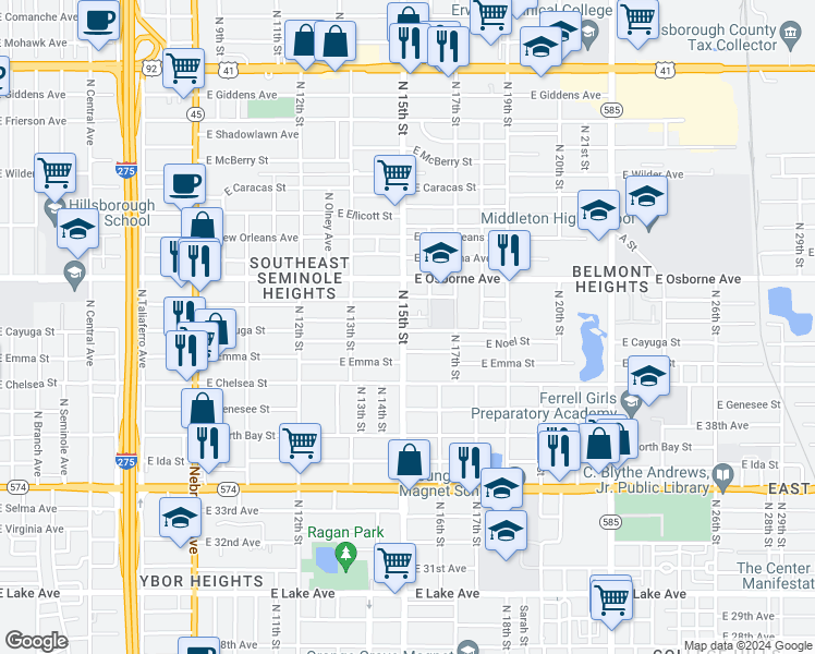 map of restaurants, bars, coffee shops, grocery stores, and more near 4506 North 15th Street in Tampa