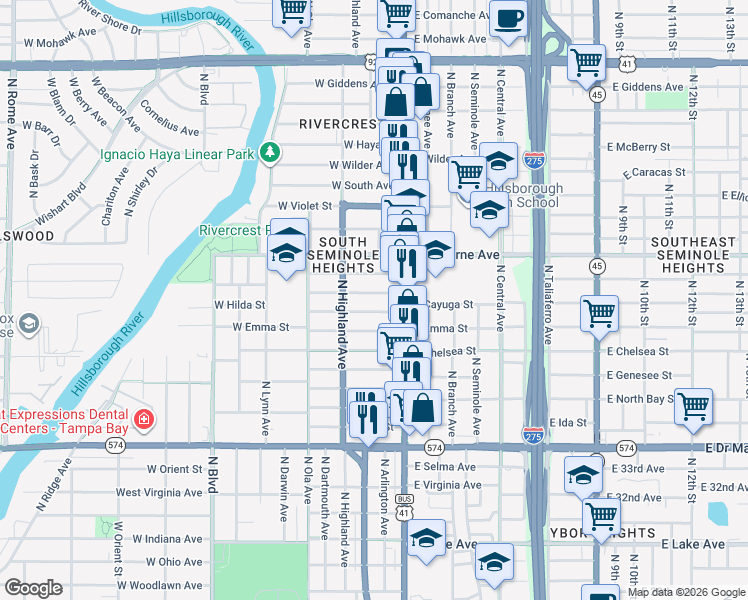 map of restaurants, bars, coffee shops, grocery stores, and more near 202 West Hilda Street in Tampa