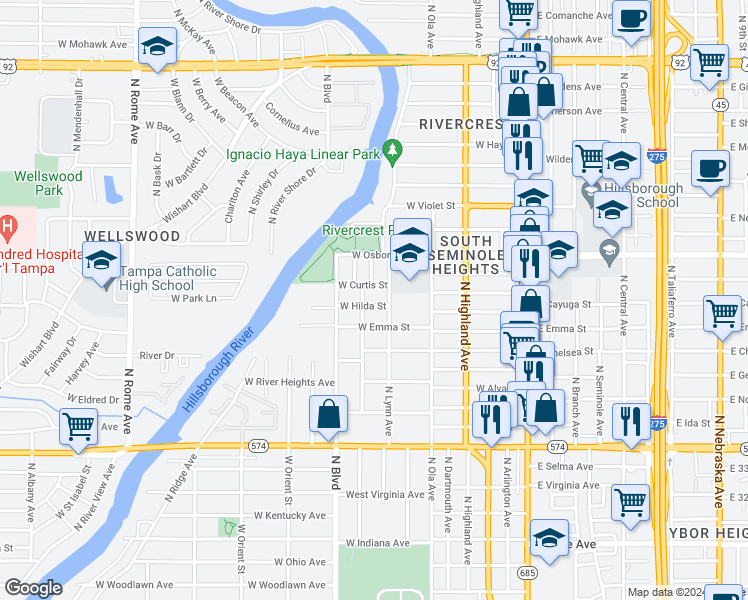 map of restaurants, bars, coffee shops, grocery stores, and more near 501 West Hilda Street in Tampa