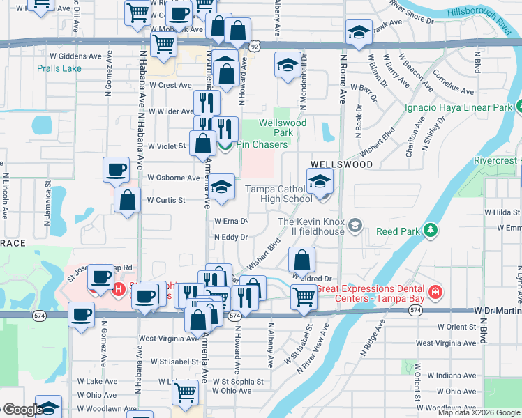 map of restaurants, bars, coffee shops, grocery stores, and more near 1909 West Erna Drive in Tampa