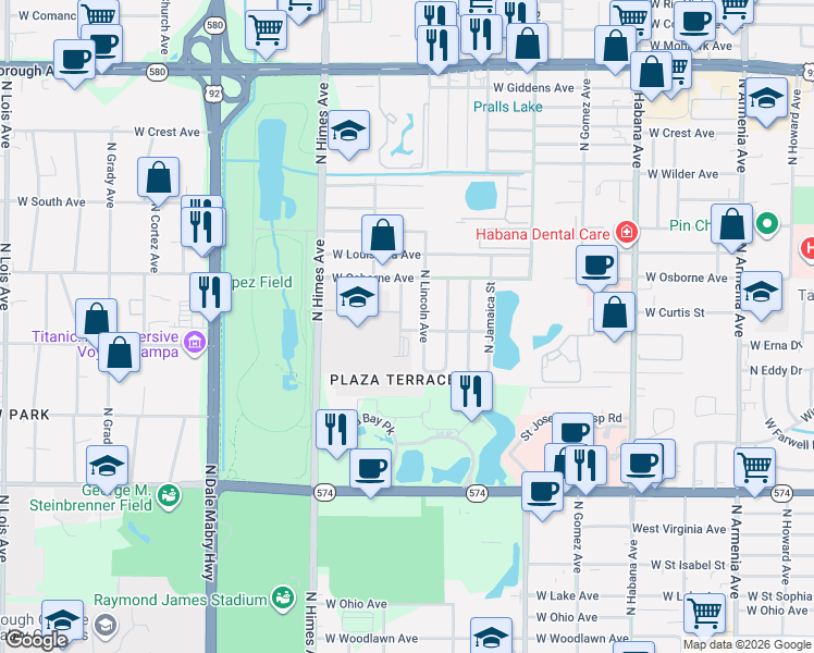 map of restaurants, bars, coffee shops, grocery stores, and more near 4601 North Lincoln Avenue in Tampa
