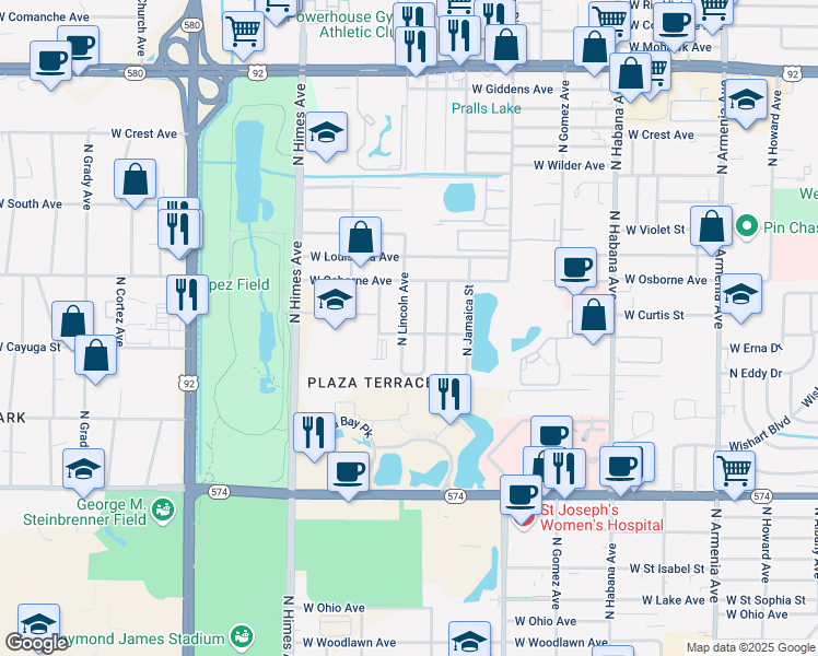 map of restaurants, bars, coffee shops, grocery stores, and more near 4601 North Lincoln Avenue in Tampa