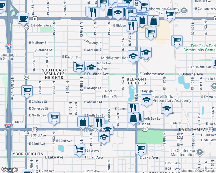 map of restaurants, bars, coffee shops, grocery stores, and more near 1811 East Palifox Street in Tampa