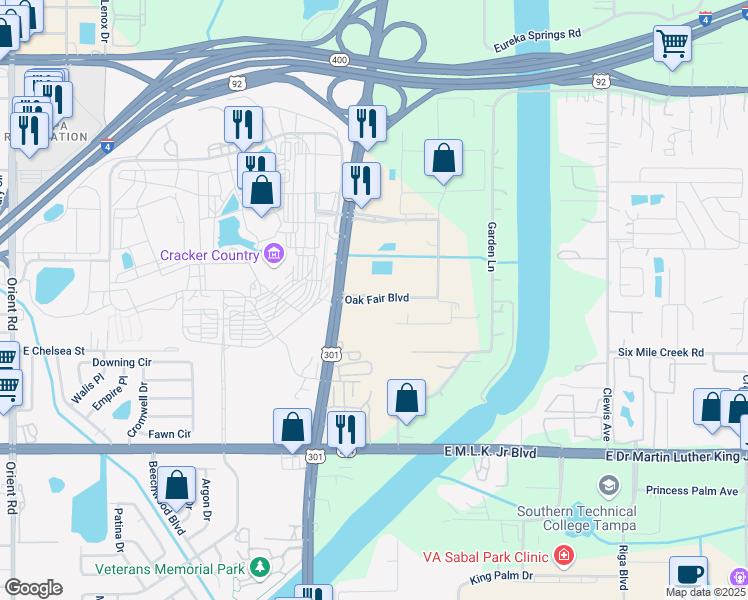 map of restaurants, bars, coffee shops, grocery stores, and more near 4507 Oak Fair Boulevard in Tampa