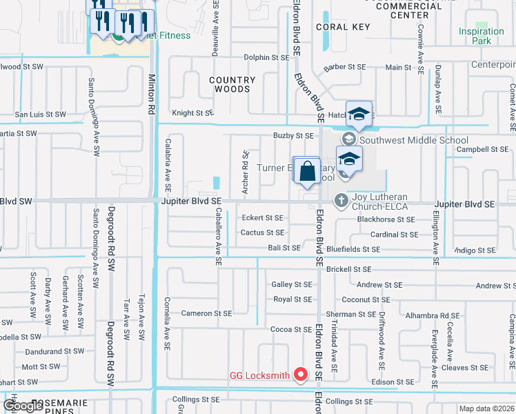 map of restaurants, bars, coffee shops, grocery stores, and more near 2990 Jupiter Boulevard Southeast in Palm Bay