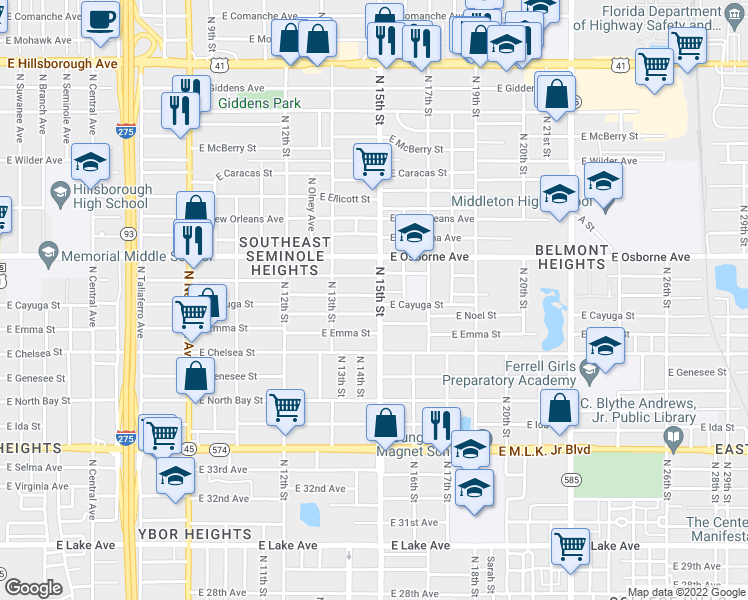 map of restaurants, bars, coffee shops, grocery stores, and more near 4506 North 15th Street in Tampa
