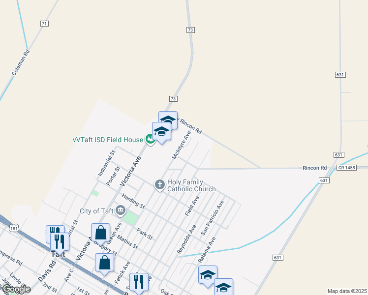 map of restaurants, bars, coffee shops, grocery stores, and more near 986 McIntyre Avenue in Taft