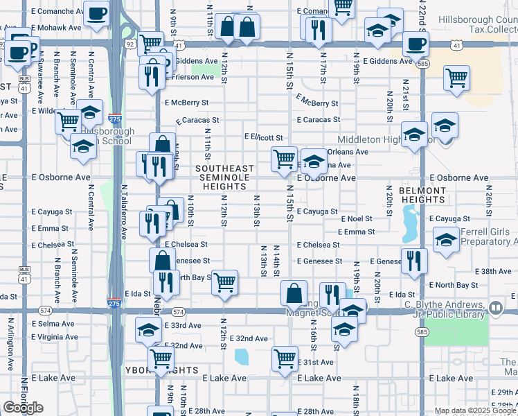 map of restaurants, bars, coffee shops, grocery stores, and more near 1305 East Palifox Street in Tampa