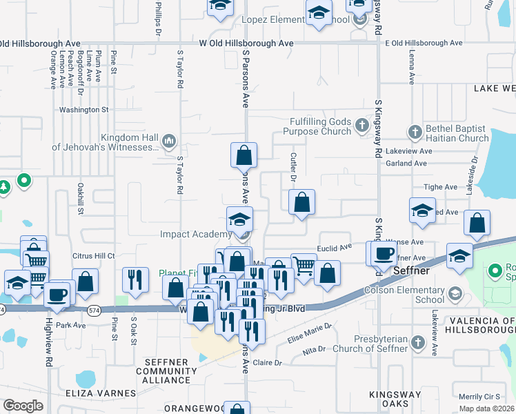 map of restaurants, bars, coffee shops, grocery stores, and more near 607 Missionwoode Drive in Seffner