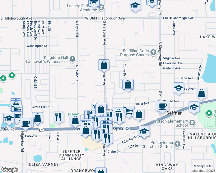 map of restaurants, bars, coffee shops, grocery stores, and more near 607 Missionwoode Drive in Seffner