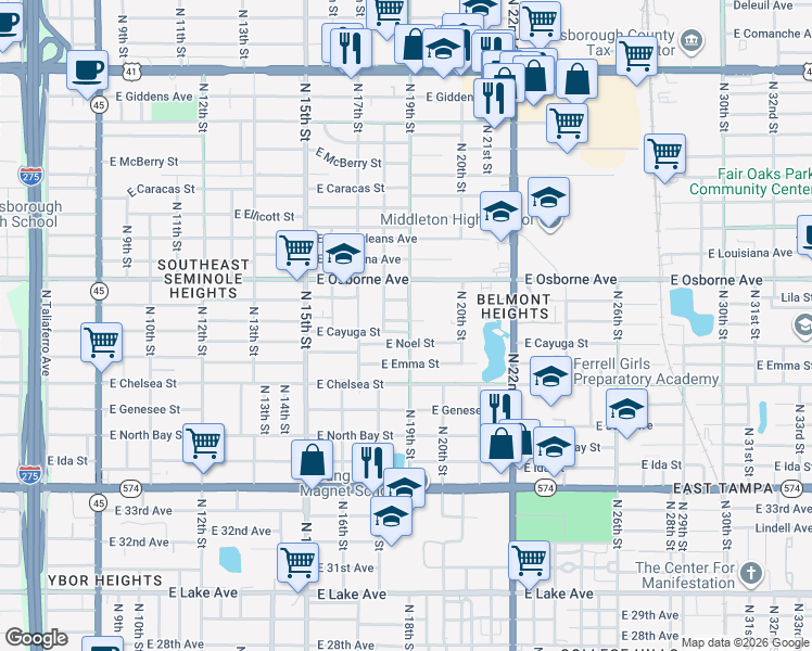 map of restaurants, bars, coffee shops, grocery stores, and more near 1811 East Palifox Street in Tampa