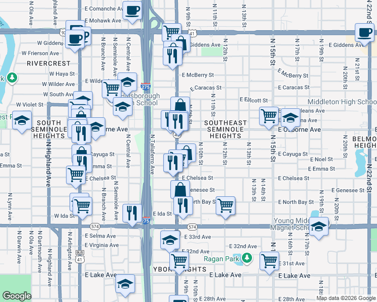 map of restaurants, bars, coffee shops, grocery stores, and more near 904 East Cayuga Street in Tampa