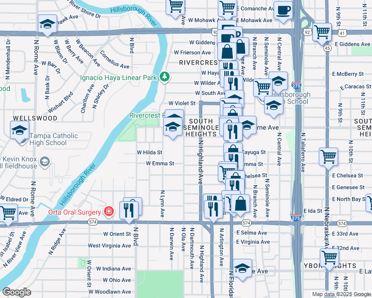 map of restaurants, bars, coffee shops, grocery stores, and more near 318 West Hilda Street in Tampa