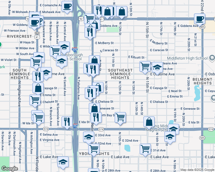 map of restaurants, bars, coffee shops, grocery stores, and more near 1002 East Cayuga Street in Tampa