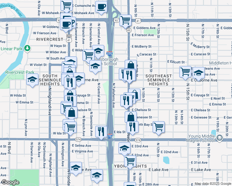 map of restaurants, bars, coffee shops, grocery stores, and more near 800 East Cayuga Street in Tampa