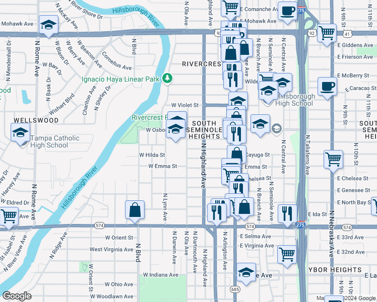 map of restaurants, bars, coffee shops, grocery stores, and more near 318 West Hilda Street in Tampa