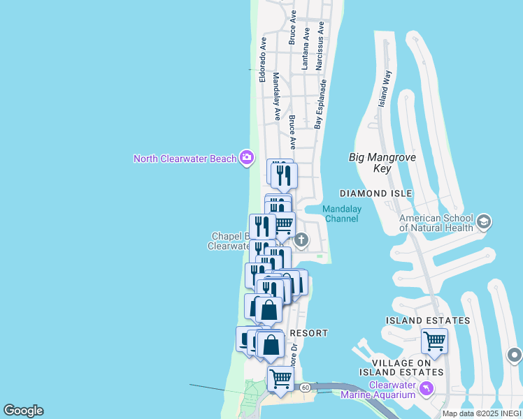 map of restaurants, bars, coffee shops, grocery stores, and more near 7 Heilwood St in Clearwater