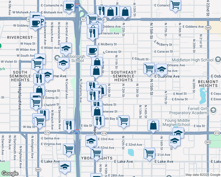 map of restaurants, bars, coffee shops, grocery stores, and more near 1002 East Cayuga Street in Tampa