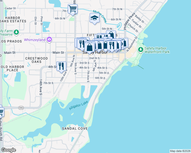 map of restaurants, bars, coffee shops, grocery stores, and more near 601 6th Avenue South in Safety Harbor
