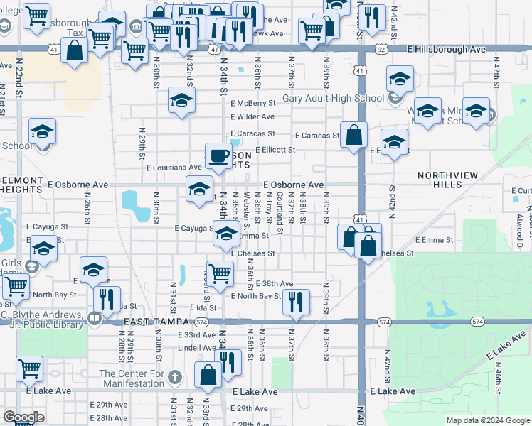 map of restaurants, bars, coffee shops, grocery stores, and more near 4606 North Troy Street in Tampa