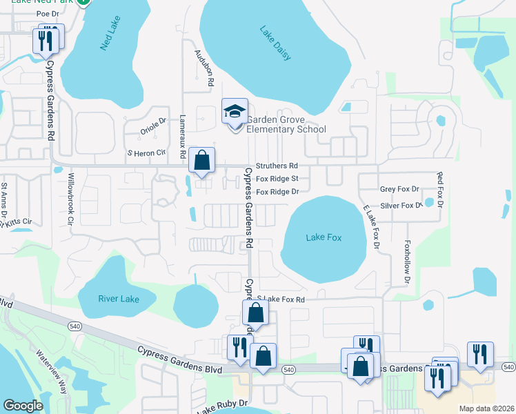 map of restaurants, bars, coffee shops, grocery stores, and more near 101 Village Court in Winter Haven