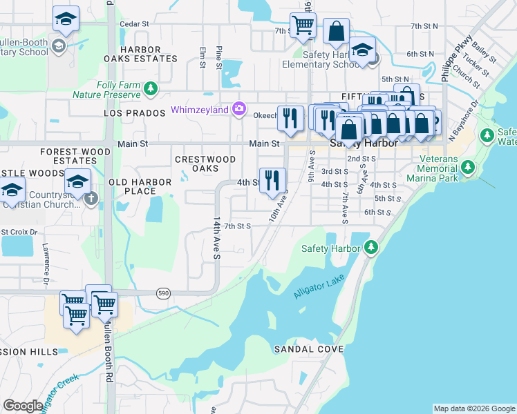 map of restaurants, bars, coffee shops, grocery stores, and more near 1006 Sumner Boulevard in Safety Harbor