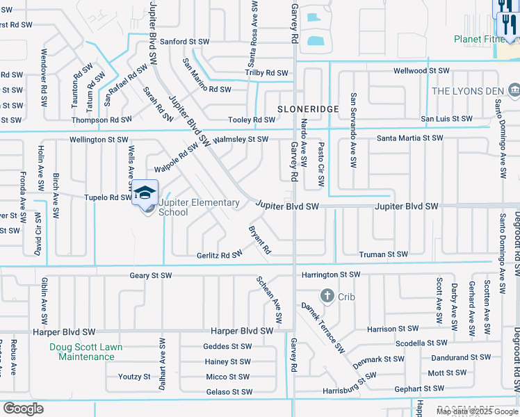 map of restaurants, bars, coffee shops, grocery stores, and more near 798 Bryant Road in Palm Bay