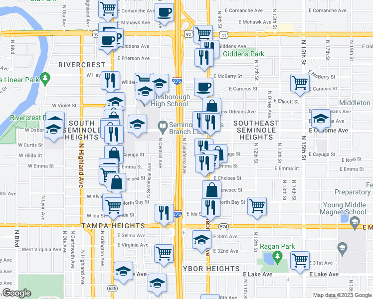 map of restaurants, bars, coffee shops, grocery stores, and more near 4609 North Taliaferro Avenue in Tampa