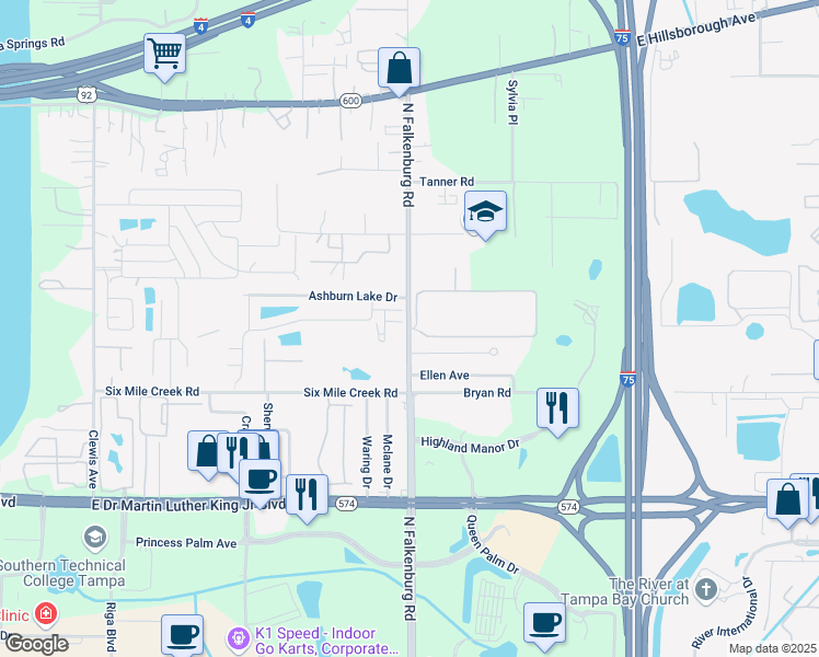 map of restaurants, bars, coffee shops, grocery stores, and more near 10114 Douglas Oaks Circle in Tampa