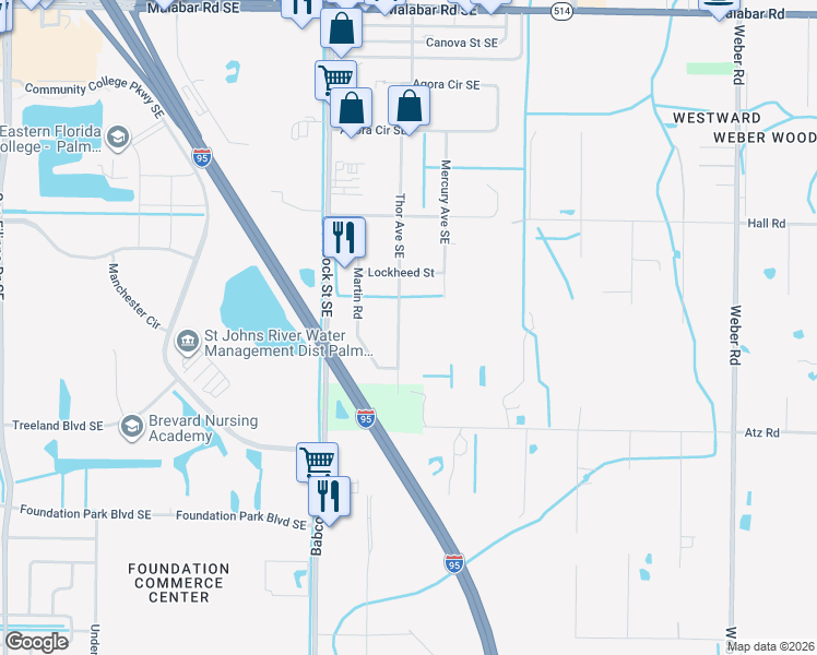 map of restaurants, bars, coffee shops, grocery stores, and more near 501 Thor Avenue Southeast in Palm Bay