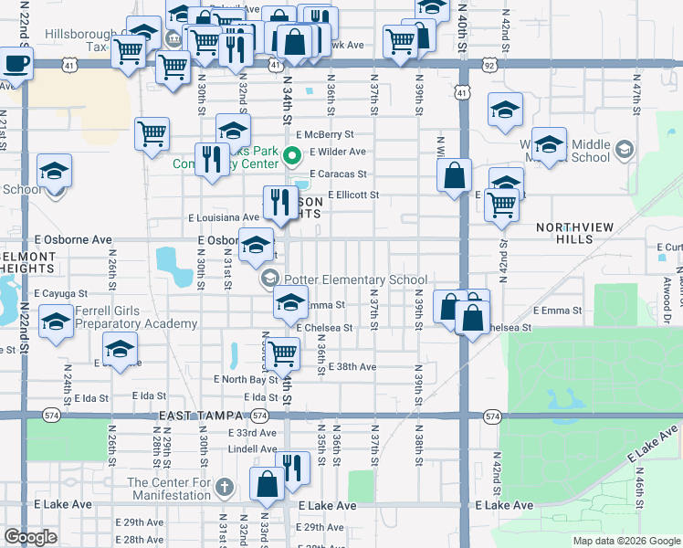 map of restaurants, bars, coffee shops, grocery stores, and more near 4604 Troy Street in Tampa