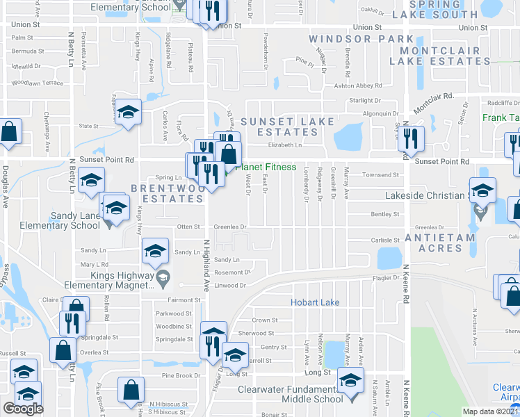 map of restaurants, bars, coffee shops, grocery stores, and more near 1816 East Drive in Clearwater